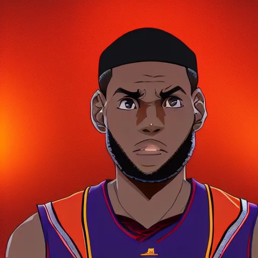 Prompt: lebron james as an anime protagonist, beautiful anime style, big cute eyes, portrait, close - up, cinematic rim lighting, dramatic pose, beautiful sunset, professional, highly detailed, clear, sharp, smug expression, expressive, trending on artstation