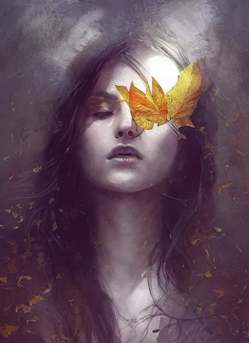 Image similar to golden leaves at frame border, creative!!! composition for a book cover, moon, beautiful portrait painting by jeremy mann, a female witch beautiful, ultrafine hyperrealistic detailed face by wlop and artgerm and greg rutkowski, intricate linework, sharp focus, smooth, octopath traveler, final fantasy, unreal engine, dramatic lighting, ethereal, 8 k