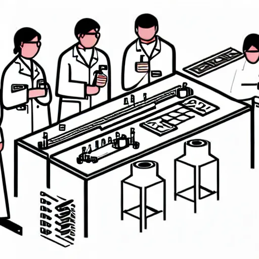Image similar to pencil illustration of a group of scientists creating a machine that will transform the future. highly detailed, schematics, line work, laboratory