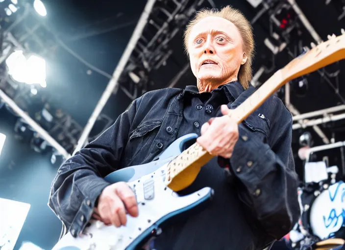 Image similar to photo still of christopher walken on stage at vans warped tour!!!!!!!! at age 5 5 years old 5 5 years of age!!!!!!! shredding on guitar, 8 k, 8 5 mm f 1. 8, studio lighting, rim light, right side key light