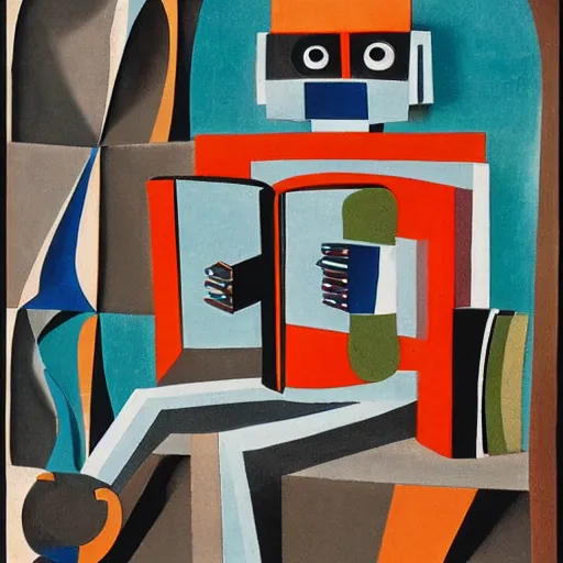 Prompt: a robot reading a book by eileen agar