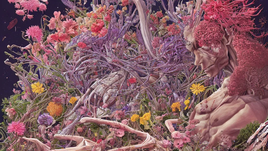 Image similar to highly detailed illustration of a human anatomy body exploded by all the known species of flowers by juan gatti, by makoto shinkai, by moebius!, by oliver vernon, by joseph moncada, by damon soule, by manabu ikeda, by kyle hotz, by dan mumford, by kilian eng