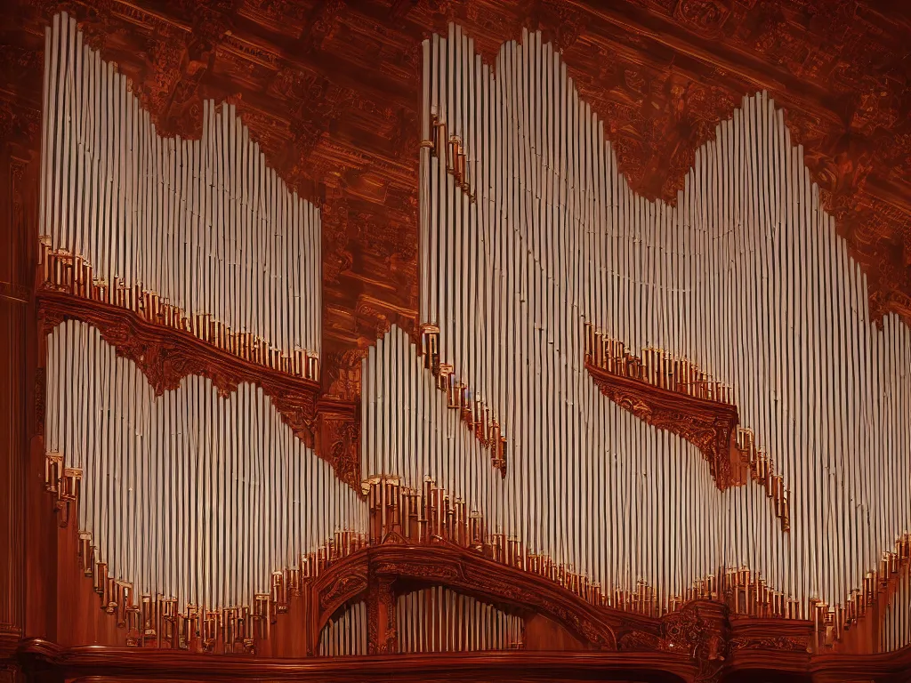 Image similar to hyper realistic photo of a luxury pipe organ volumetric lights