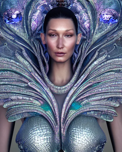 Image similar to a highly detailed metahuman 4 k close up render of an alien goddess bella hadid monument dragonfly in iris van herpen dress schiaparelli in diamonds crystals swarovski and jewelry iridescent in style of alphonse mucha gustav klimt trending on artstation made in unreal engine 4