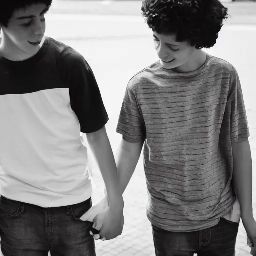 Prompt: Photograph of two teenage boys in love, holding hand, sigma 85mm