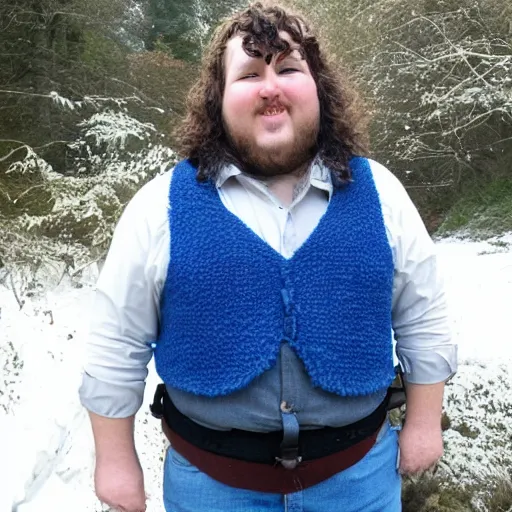 Image similar to pudgy British teen with short curly dark brown hair as a hobbit wearing a white men's crossbody sling chest bag and blue vest