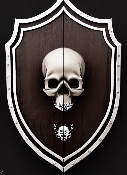 Image similar to black background, a beautiful symmetrical skull on a wooden shield, front facing view, mirrored, ornamental art, octane render, royal shield