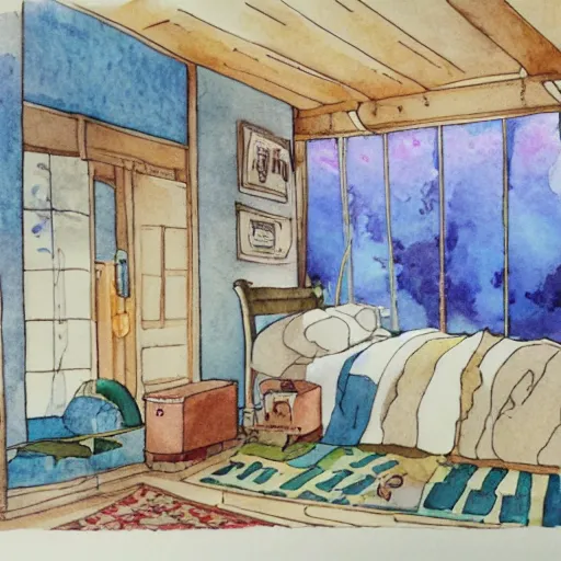 Prompt: studio ghibli bedroom cozy watercolor