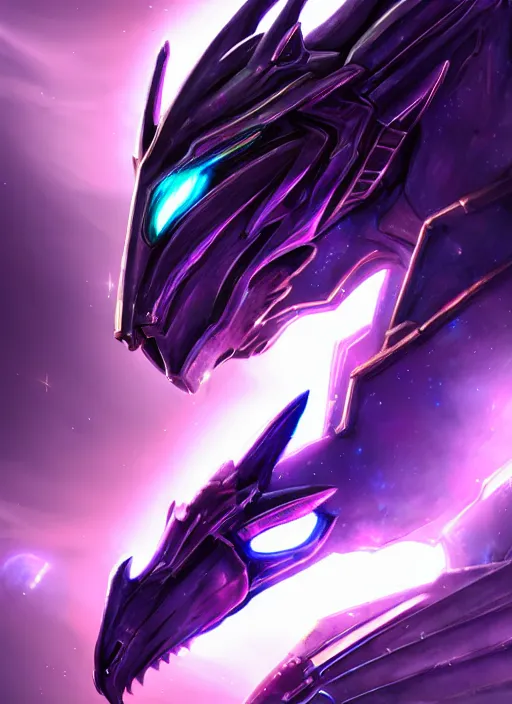 Image similar to cinematic goddess close shot, cosmic sized beautiful stunning elegant hot giant robot mecha female dragon, sharp cyborg dragon head, sharp metal ears, led glowing purple eyes, smooth fuschia skin, smooth silver armor, floating in space, epic proportions, epic scale, macro furry, furry art, dragon art, goddess art, giantess art, warframe fanart, furaffinity, octane