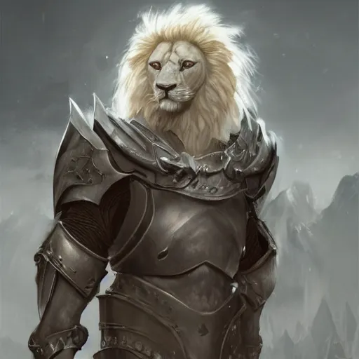 Image similar to a beautiful award winning commission of a male anthro albino lion dressed in skyrim armour,digital art,art by greg rutkowski,character design by charles bowater,ross tran,photorealistic,highly detailed,detailed face,4k,dramatic,deviantart,artstation