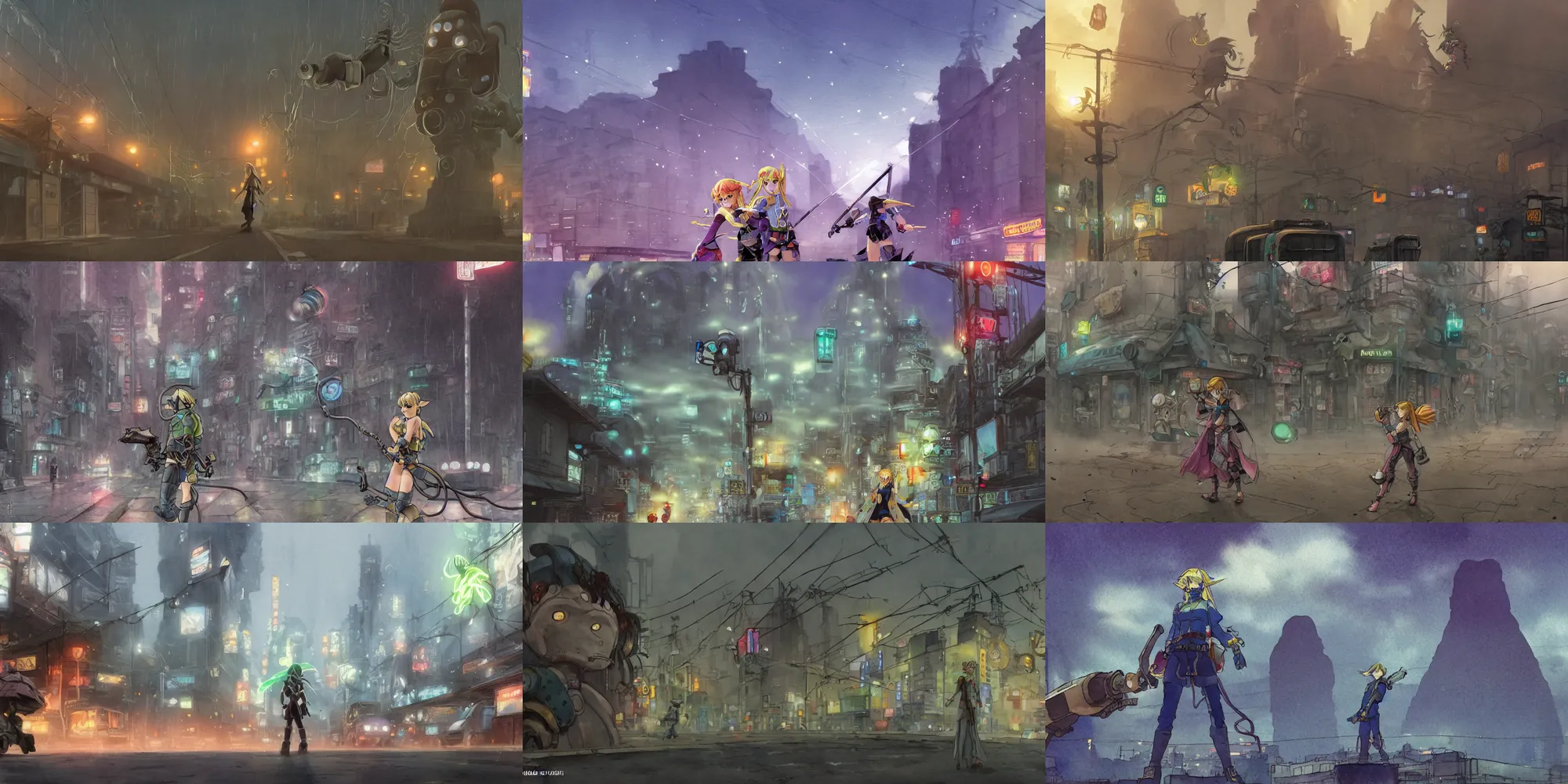 Prompt: incredible screenshot, simple watercolor, masamune shirow , zelda and link, emotion, feeling, favorite scene, giant coiling snake machine, giant moai statues, dust, fog, light rain, glowing, robot parts, wires, street lights, overhead wires, telephone pole, makoto shinkai, geoff darrow, phil hale, best lighting, bounce light, Akihiko Yoshida, Yoji Shinkawa, bright rim light, hd, 4k, bloom, hdr, remaster, dynamic camera angle, deep 3 point perspective, fish eye, dynamic scene