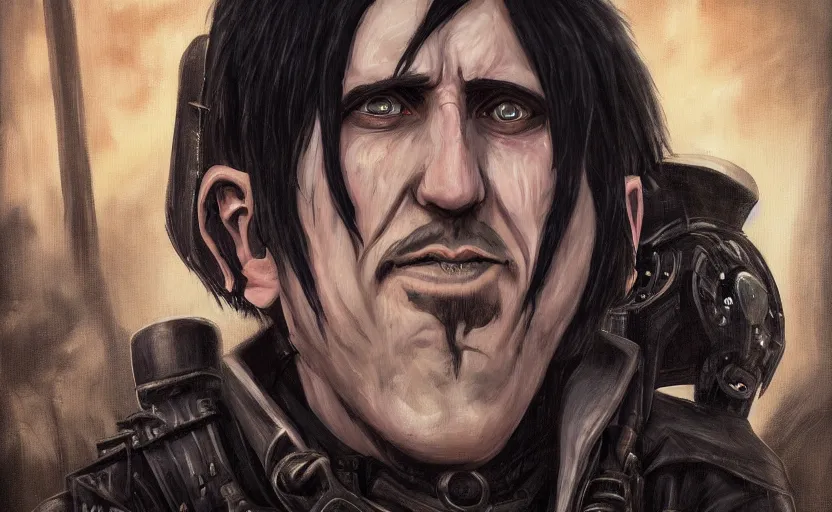 Image similar to an epic fantasy comic book style portrait painting of a very imposing industrial goth trent reznor in icarly, character design by mark ryden and pixar and hayao miyazaki, unreal 5, daz, hyperrealistic, octane render, cosplay, rpg portrait, dynamic lighting, intricate detail, cinematic