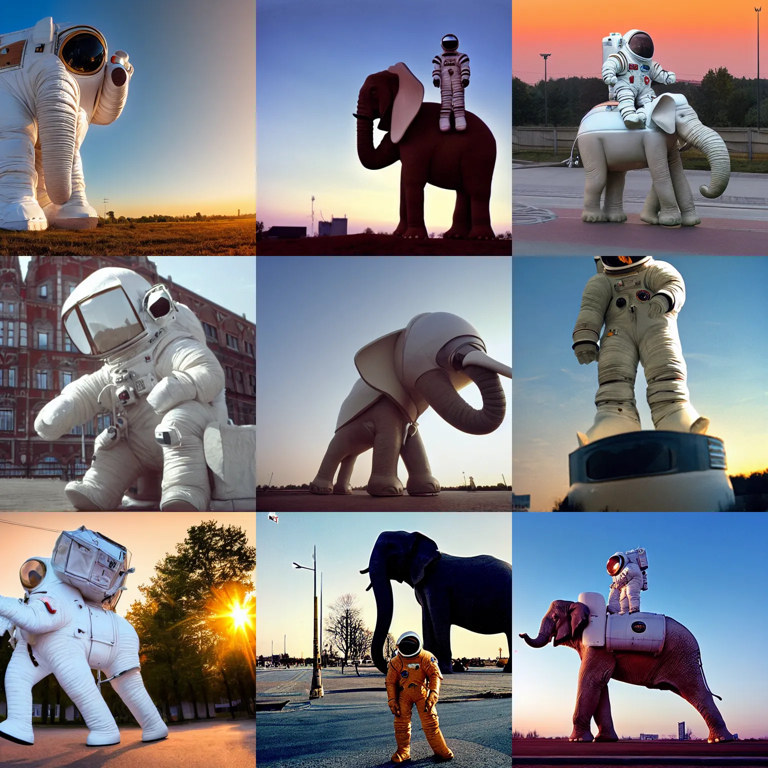 Prompt: giant elephant wearing white custom made american spacesuit with oversized giant helmet as astronaut animal, in legnica, sunrise, by vhs camcoder