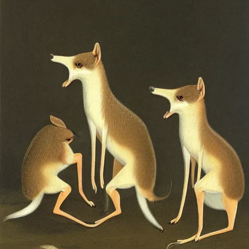 Prompt: group of long necked fox wolf rats wearing coats, by george stubbs