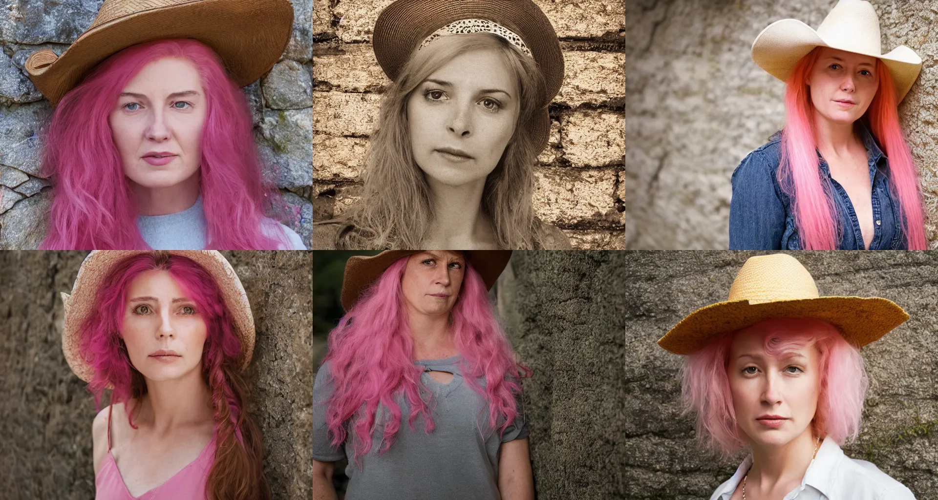 Prompt: closeup headshot photo of the woman with a cowboy hat, long pink hair, stone wall background and photography by Gregory Crewdson