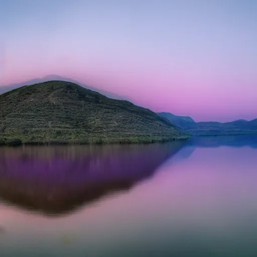 Image similar to shadow of jesus at mountain lake at night still water purple clouds