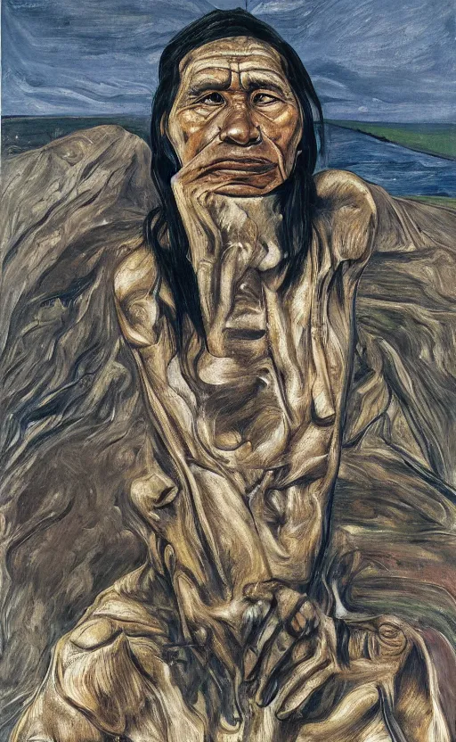 Image similar to full body shot picture of indigenous people leader gazing into the horizon, painted by lucian freud, hd, super detailed, realistic, muted colors