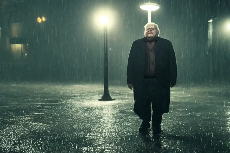 Image similar to a still of edgar savisaar, starring as a drunk man, dystopian, cinematic lighting, nighttime, rain