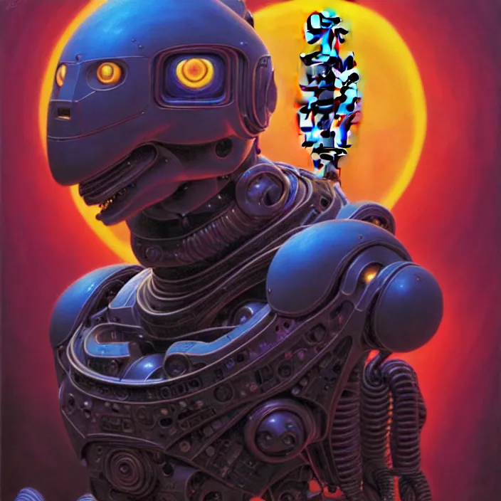 Prompt: cinematic bust portrait of psychedelic robot from left, head and chest only, exotic alien features, robotic enhancements, desaturated, Tim Hildebrandt, Wayne Barlowe, Bruce Pennington, donato giancola, larry elmore, oil on canvas, masterpiece, trending on artstation, featured on pixiv, fit in frame, cinematic composition, dramatic pose, beautiful lighting, sharp, details, hyper-detailed, HD, HDR, 4K, 8K