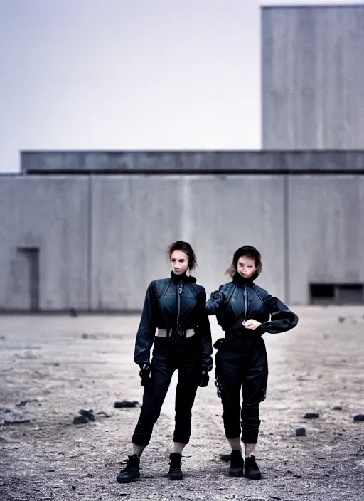 Image similar to cinestill 5 0 d photographic portrait of two clones, techwear women on a desolate plain, a brutalist metal building in the background, depth of field, 4 k, 8 k, hd, full color