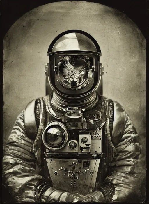 Image similar to old wetplate daguerreotype portrait of a futuristic silver armored space astronaut cyborg, fractal, intricate, elegant, highly detailed, parallax, leica, medium format, subsurface scattering, by jheronimus bosch and greg rutkowski and louis jacques mande daguerre