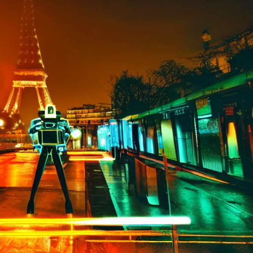 Prompt: cinematography futuristic Paris at night with robots. Cyberpunk, Neon.