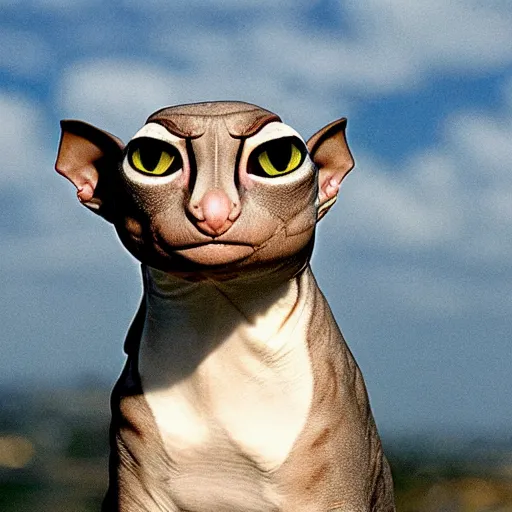 Image similar to bingus, sphinx cat, staring at you from sky