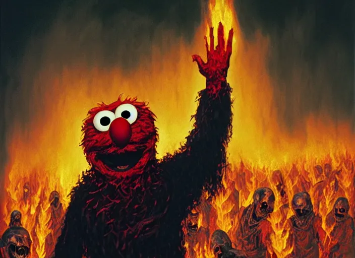 Prompt: extremely scary horror portrait of elmo with both his hands raised in front of massive endless apocalyptic flames, epic fantasy art by michael whelan