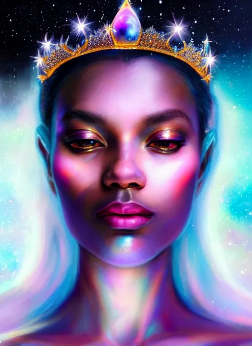 Prompt: a cosmic queen wearing a galaxy tiara, looking at the camera, beautiful and aesthetic, close up, dramatic pose, intricate, highly detailed, detailed face, smooth, sharp focus, specular light, occlusion shadow, artgerm, artstation, art by mika pikazo and ilya kuvshinov and rembrandt and greg rutkowski, fantasy illustration