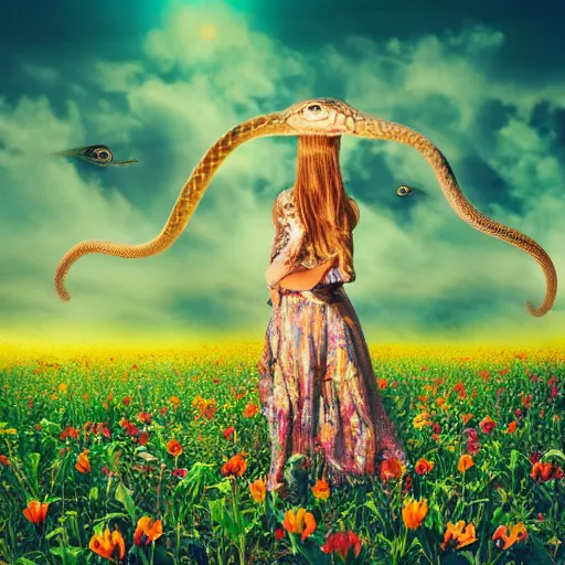 Image similar to full body snake head girl standing in a flower field, her head is hidden behind many snakes, surreal photography, sunrise, dramatic light