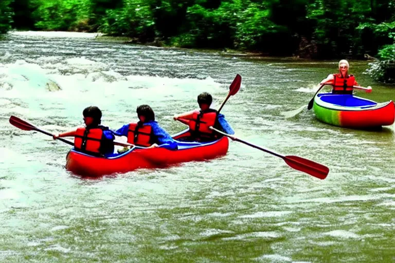 Prompt: youtube thumbnail of people canoing down a river