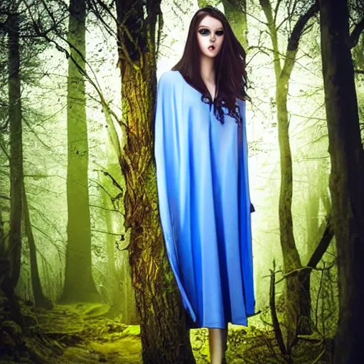 Image similar to cloaked maiden with blue eyes and a beautiful model face in a dark and creepy forest