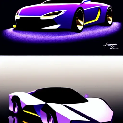 Prompt: a supercar in a dark studio room. The car has a special paint that has homogeneous look of a Tanzanite, Opal, Kunzite gemstone. in the style of artgerm.