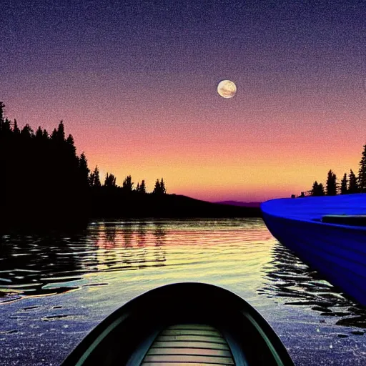 Image similar to A beautiful small boat alone on a lake at twilight with calm waters, the moon shines from above causing light ripples in the water. A small and calm traveller sits in the boat, at peace with himself and the world. A digital art piece designed to spreader unending tranquility. Tranquil dreams of tepid water, a moment frozen in time. Trending on art station, an award winning masterpiece