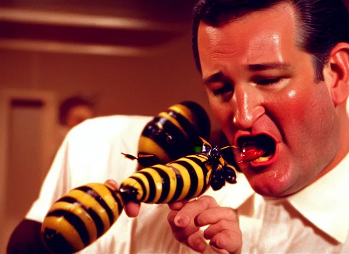 Prompt: ted cruz spitting out bees as the candyman, movie still, from the candyman 1 9 9 2 movie, 8 k, realistic