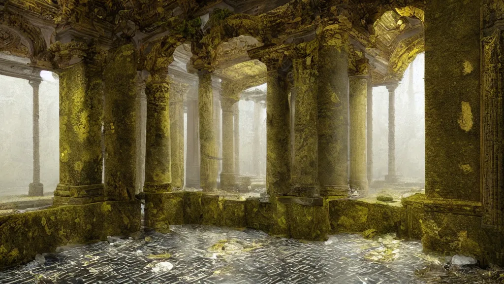 Image similar to roman bath, marblefloor with germanic gold pattern, golden snakes, mossy pillar, ruin, godrays, fog, tiny waterfall, cgsociety,