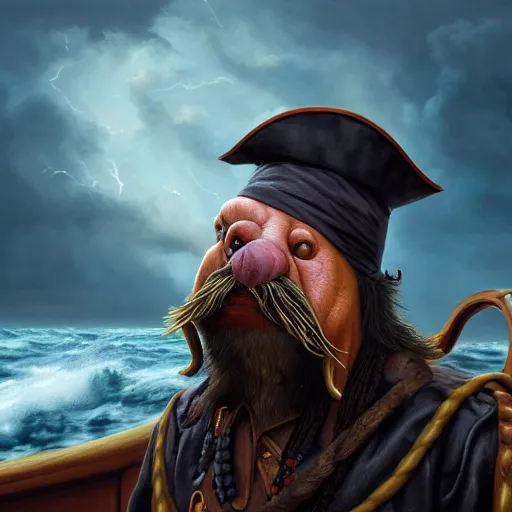 Prompt: portrait of a anthropomorphic old walrus who is a pirate captain on a ship, dark storming sea and thunderstorm with lightning in the background, dark clouds, dramatic oil painting by alexander roslin, 4k, concept art highly detailed, trending on artstation, fantasy matte painting