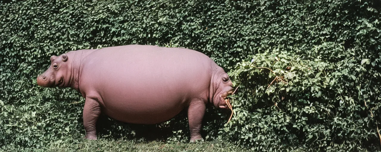 Image similar to a single hippo eating spaghetti off a bush, in the style of national geographic, canon 5 0 mm, film, kodachrome, retro, muted