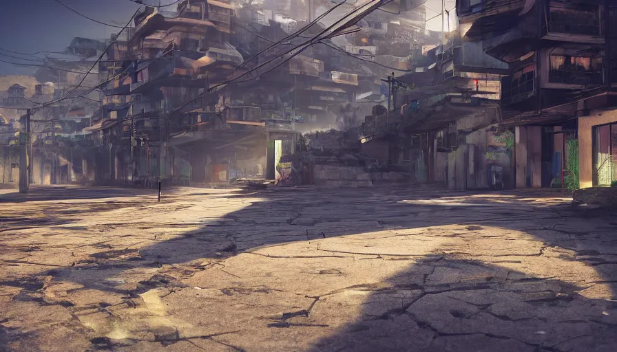 Image similar to Bright Beams of Light Shoot out of cracks in the ground, Futuristic Favela, Hyperrealistic Rendering, Photorealism, Raytracing, Anamorphic Lens, Artstation