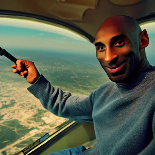 Image similar to selfie of kobe bryant holding a giant rolled marijuana cigarette in a helicopter, smoke around him, 8k resolution, hyper detailed, shot in the air