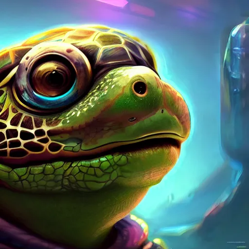 Image similar to aged anthropomorphic turtle, sci - fi, utopian, pixar splash art, wlop, intricately detailed, highly detailed, trending on artstation, 4 k, wallpaper - 1 0 2 4