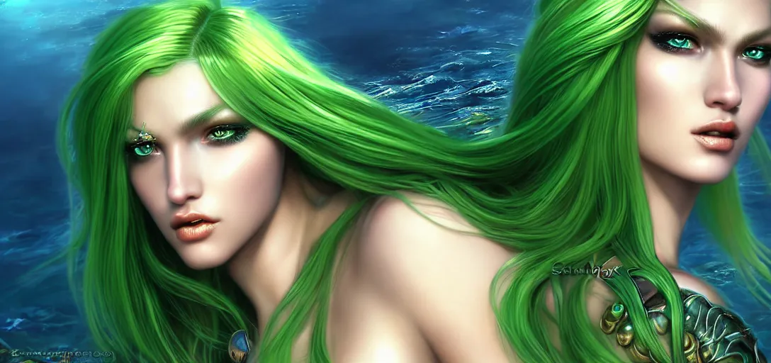 Prompt: extreme close up portrait photo of a gorgeous female mermaid with long green hair wearing metal armor in the style of stefan kostic, realistic, half body shot, sharp focus, 8 k high definition, insanely detailed, intricate, elegant, art by stanley lau and artgerm, extreme blur coral reef background