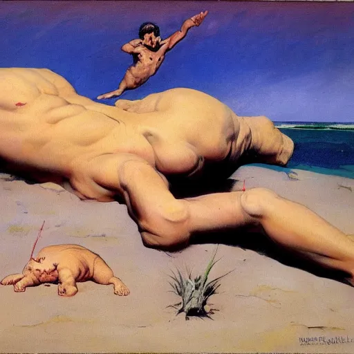 Image similar to a man laying on a Martian beach, frank frazetta