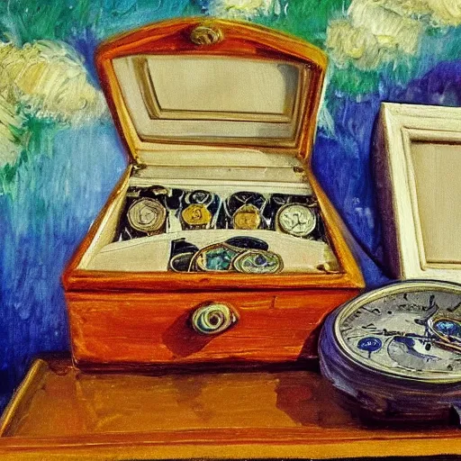 Image similar to an impressionist painting of a treasure chest full of wristwatches