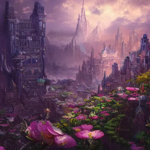 Image similar to An epic fantasy comic book style painting of a dream city floating on the clouds with Giant flowers, intricate, epic, depth, hyperrealistic, octane render, dynamic lighting