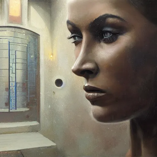 Image similar to detailed face of a woman with obsidian eyes in a architectonic courtyard with dna sculptures at a science expo, atmospheric, ambient, pj crook, syd mead, livia prima, artgerm, greg rutkowski, nick alm, casey baugh