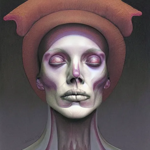 Prompt: portrait of woman with a ceremonial hat embedded into her skull, by wayne barlowe