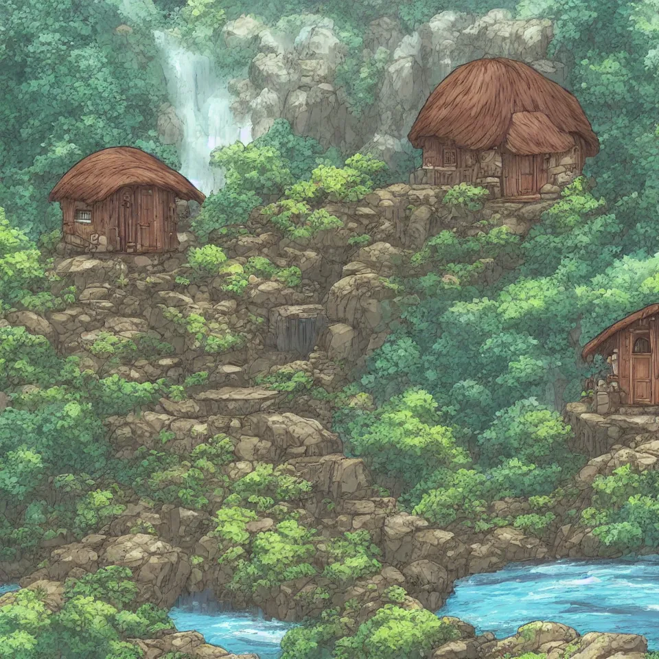 Image similar to a cozy hut near a huge waterfall, fantasy, forest, manga studio ghibli, highly detailed