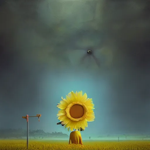 Prompt: giant daisy flower head, frontal, girl in a yellow suit, surreal photography, sunrise, dramatic light, impressionist painting, digital painting, artstation, simon stalenhag
