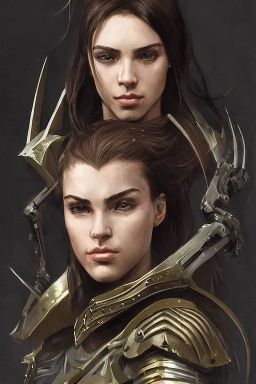 Image similar to a portrait of an attractive young woman, clothed in battle armor, olive skin, long dark hair, beautiful bone structure, symmetrical facial features, intricate, elegant, highly detailed, digital painting, trending on Artstation, concept art, smooth, sharp focus, illustration, from Metal Gear by Ruan Jia and Mandy Jurgens and Artgerm and greg rutkowski and william-adolphe bouguerea, award winning